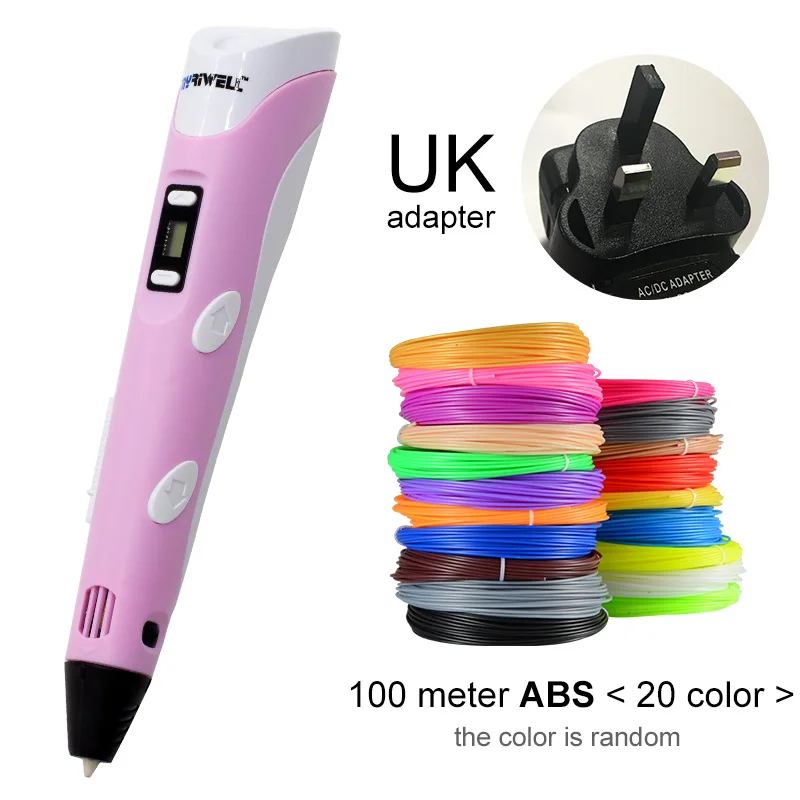 Pink UK-100m ABS Myriwell 3D Ручка светодиодный экран DIY 3D печатная ручка 100 м ABS нить креативная игрушка подарок для детей дизайн рисунок - Цвет: Pink UK-100m ABS