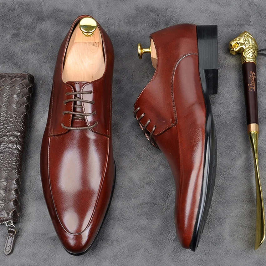 

New Arrival Handmade Formal Dress Office Men's Derby Oxfords Shoes Genuine Leather Pointed Toe Wedding Party Flats AM178