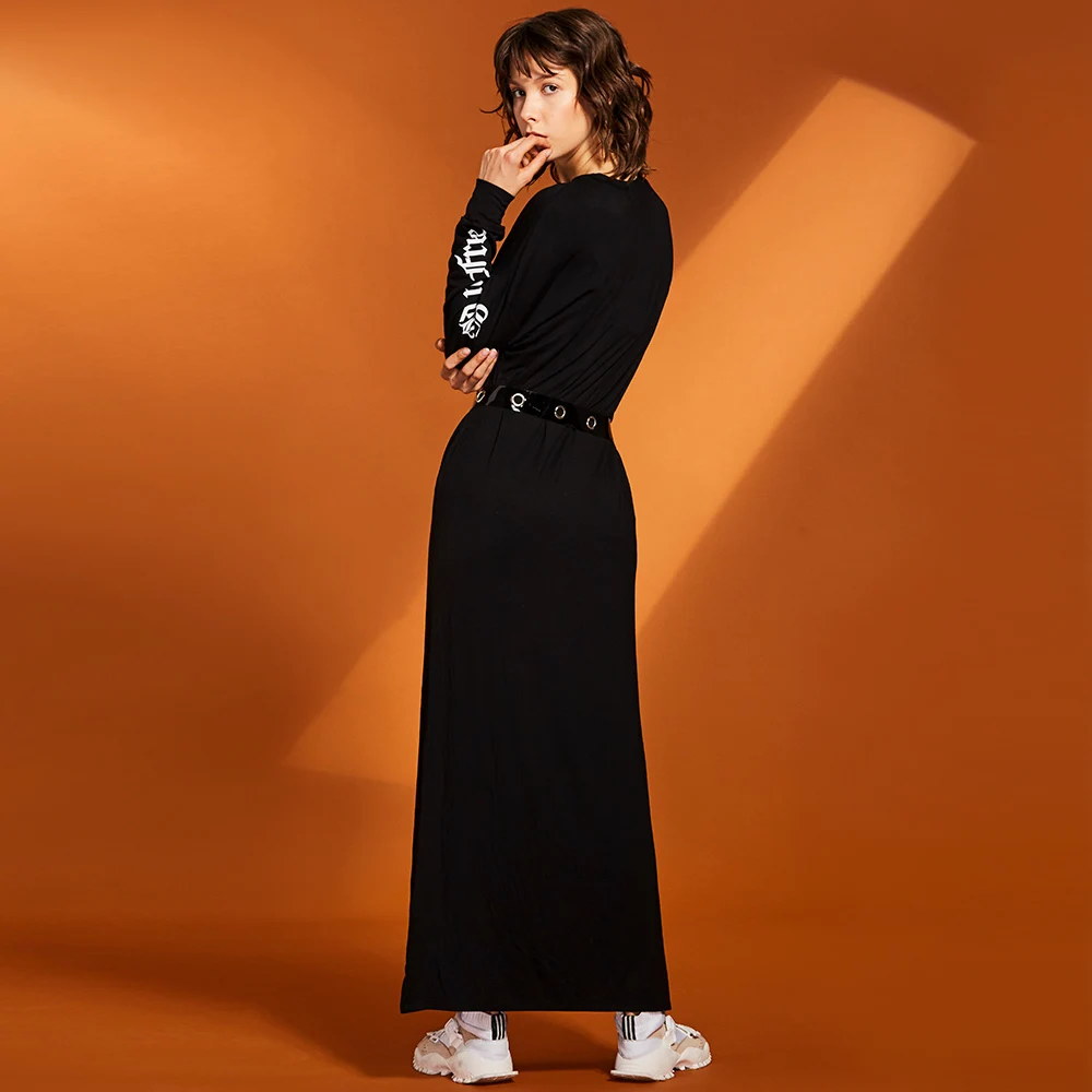 Modstreets черный Женское платье Весна прямо с длинным рукавом ботильоны Длина