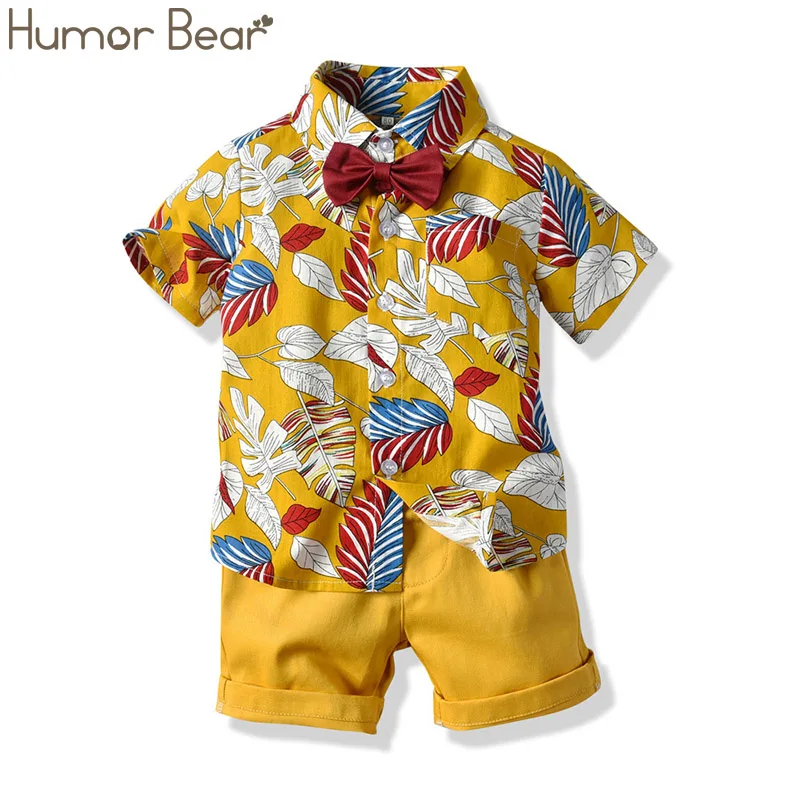 Цвет: желтый Humor Bear/Детский костюм Новинка года, летняя одежда для маленьких мальчиков футболка с короткими рукавами с принтом листьев+ повседневные шорты+ галстук-бабочка, детская одежда - Цвет: Цвет: желтый