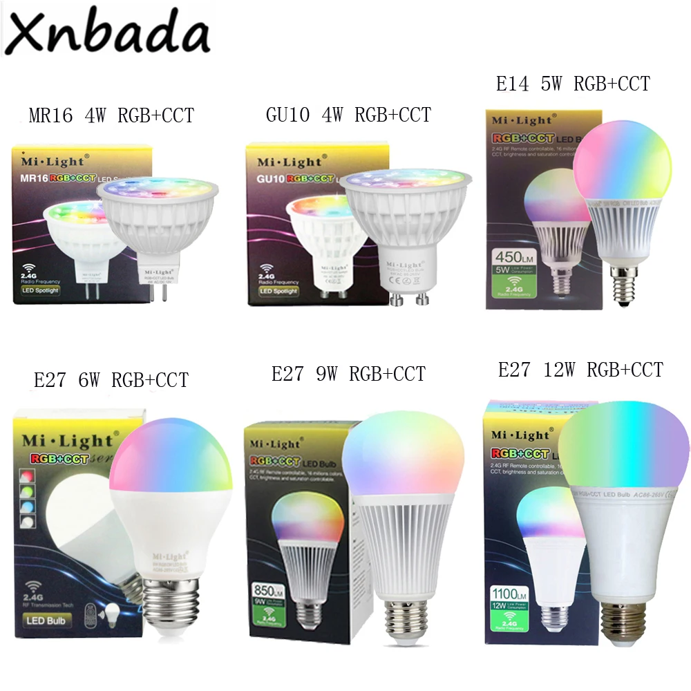 MiBoxer Светодиодная лампа 4 Вт 5 6 9 12 Mi light 2 г светодиодная MR16 GU10 E14 E27 RGB + CCT