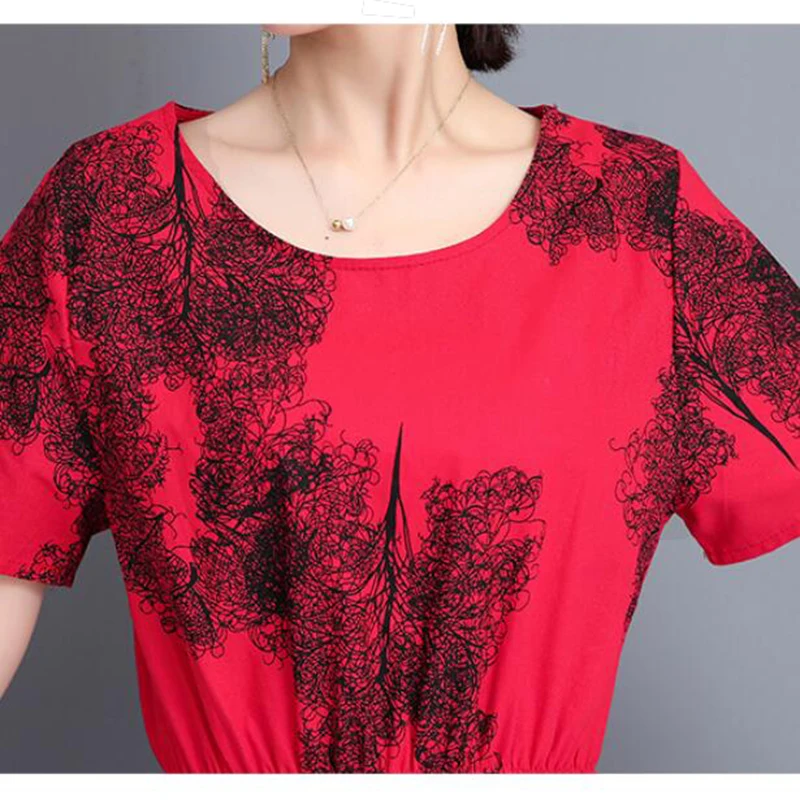 

2019 New Vintage Women Summer Dress Casual Plus Size Print O Neck Cotton Linen Dresses Short Sleeves Slim A-line Dress Vestidos