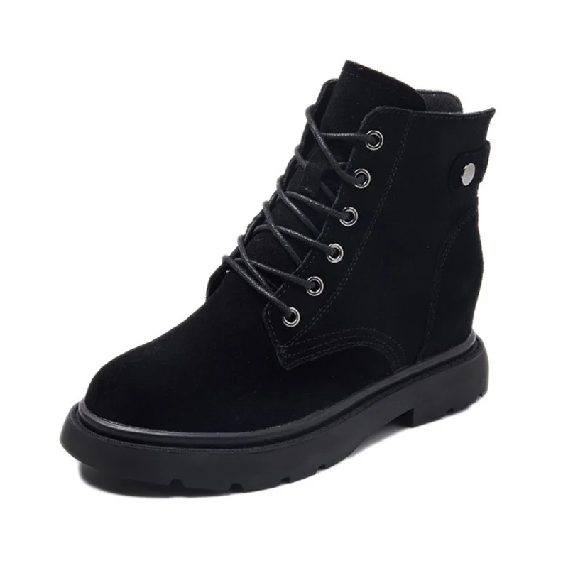 Genuine Leather Shoes Women Boots Warm Shoes Cow Leather Women Ankle Boots Autumn Winter Footwear Height Increasing 6.5cm A1649 - Цвет: Black for Autumn