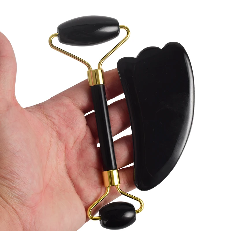 Массажный ролик для лица Gua Sha, набор инструментов, черный обсидиан, корпус иглоукалывания, скребок для спины, массажер, против старения, морщин, здоровье автомобиля