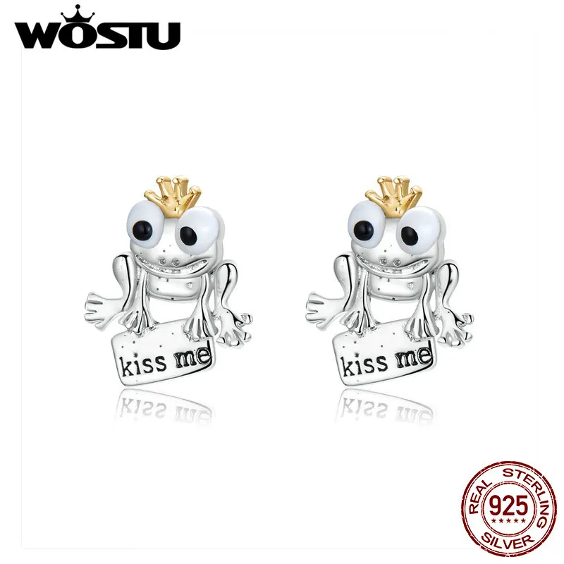 WOSTU, Настоящее серебро, 925 пробы, серьги Kiss Me, корона, серьги лягушки для женщин,, массивное, корейский стиль, ювелирное изделие CQE635