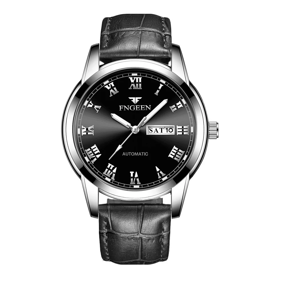 LeatherSilverBlack Мужские часы люксовый бренд FNGEEN наручные часы для мужчин часы Дата Неделя дисплей светящиеся кварцевые часы мужские часы Relogio Masculino - Цвет: LeatherSilverBlack