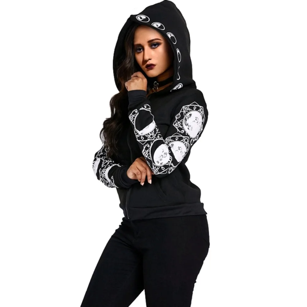 Black Hoodie Sisjuly Винтаж, готика, черный худи полумесяц карман на молнии с капюшоном толстовки женские весенние Пентакль размера плюс толстовка ведьмы - Цвет: Black Hoodie
