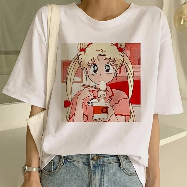 Сейлор Мун летняя новая модная футболка Женская Harajuku с коротким рукавом забавная футболка Ulzzang Милая футболка с котом Мультяшные футболки женские - Цвет: 1