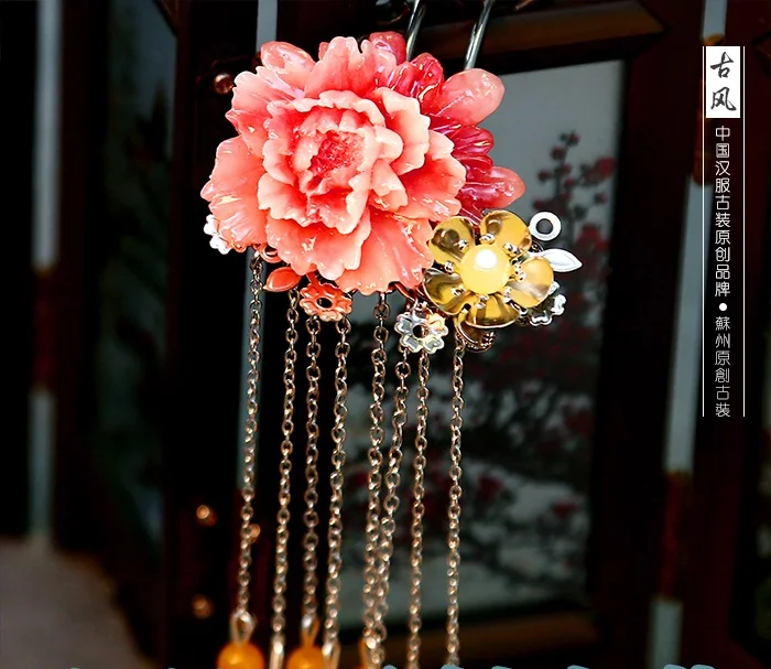 Серебряная палочка для волос Tassel красный пион из смолы ручной работы аксессуар