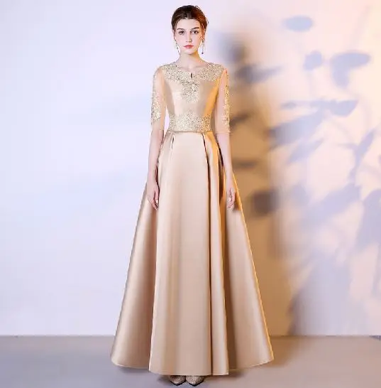 Vestidos de festa vestido longo para casamento V образным вырезом кружево и атлас Половина рукава линии цвета шампанского золото подружек невесты платья - Цвет: Champagne gold