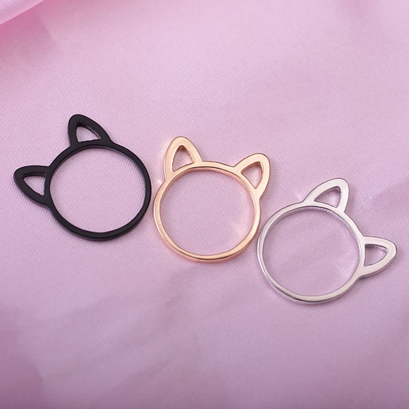 New Trend Cartoon Animal Zinc Alloy Black Rings for Women Silver Cute Cat Ears Simple Rings for Girls