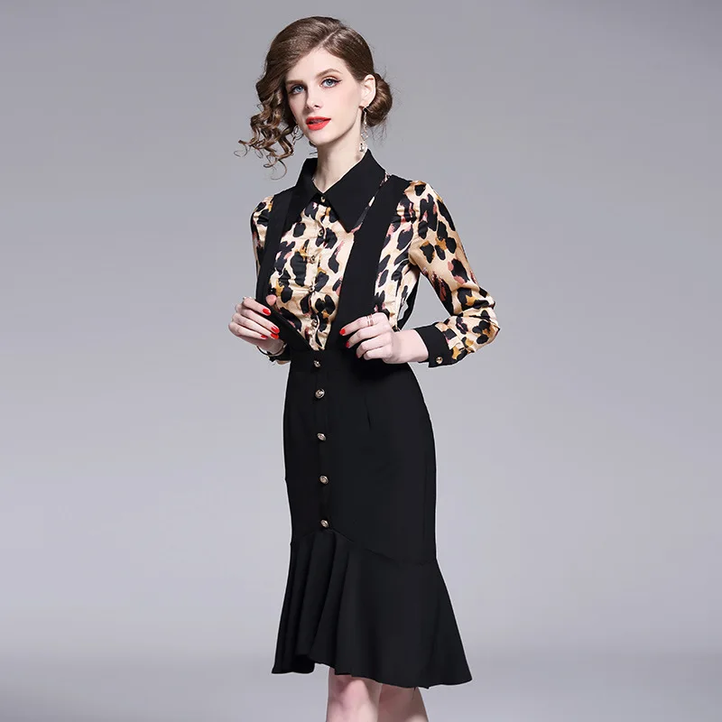 M-XXL spring summer woman dress black collar shoulder strap leopard pattern top sexy office ruffled bottom | Женская одежда