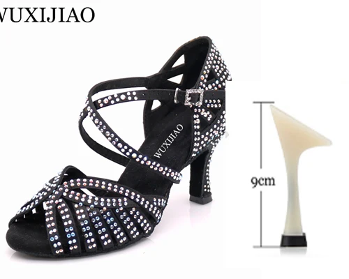 Black heel 9cm WUXIJIAO Танцевальная обувь джаз обувь для латинских танцев для женщин сальса латинские туфли для девочек бальные туфли для латинских танцев черная бронзовая кожа Curban Heel - Цвет: Black heel 9cm