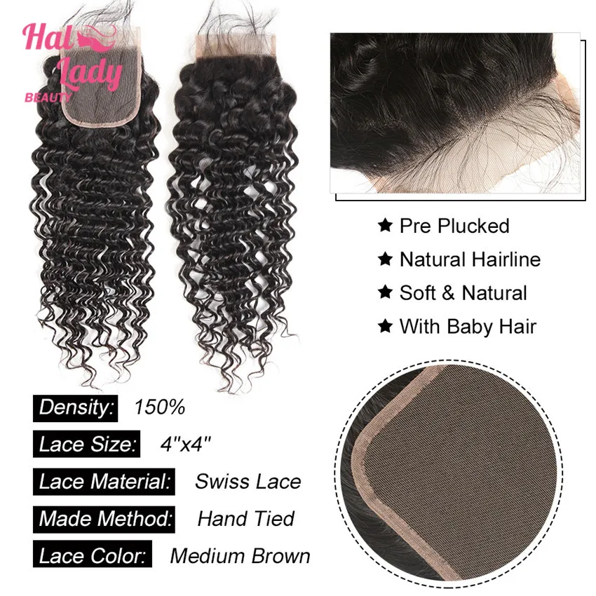Halo Lady beauty Бразильские глубокие волнистые волосы с детскими волосами 4X4 свободная