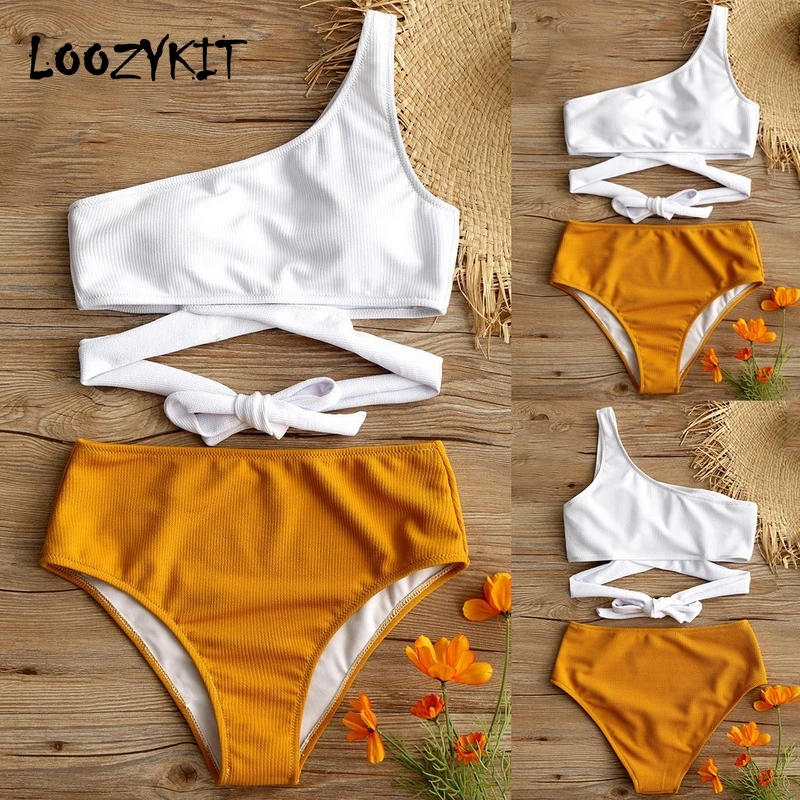 Женский двухцветный купальник Loozykit с открытыми плечами 2019 из двух частей