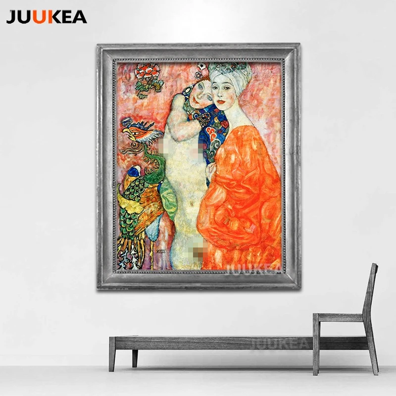 Gustav Klimt оранжевый и сестер классический художественный Рисунок Печать на холсте