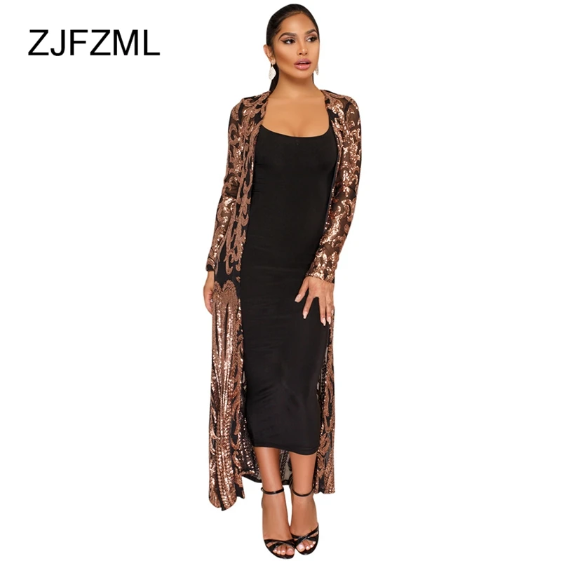 Женская длинная куртка ZJFZML с длинным рукавом и блестками|sequin jacket|see through jacketcoats coats