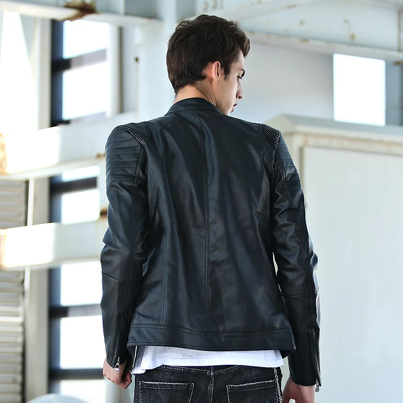 2018 New Mens Leather Men Slim Washed PU And Viscose Material Motorcycle Jacket Stand Collar Casual Ruched Zipper | Мужская одежда