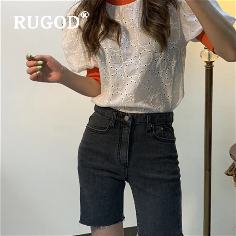 RUGOD/Винтажные женские футболки с оборками в Корейском стиле кружевные открытые