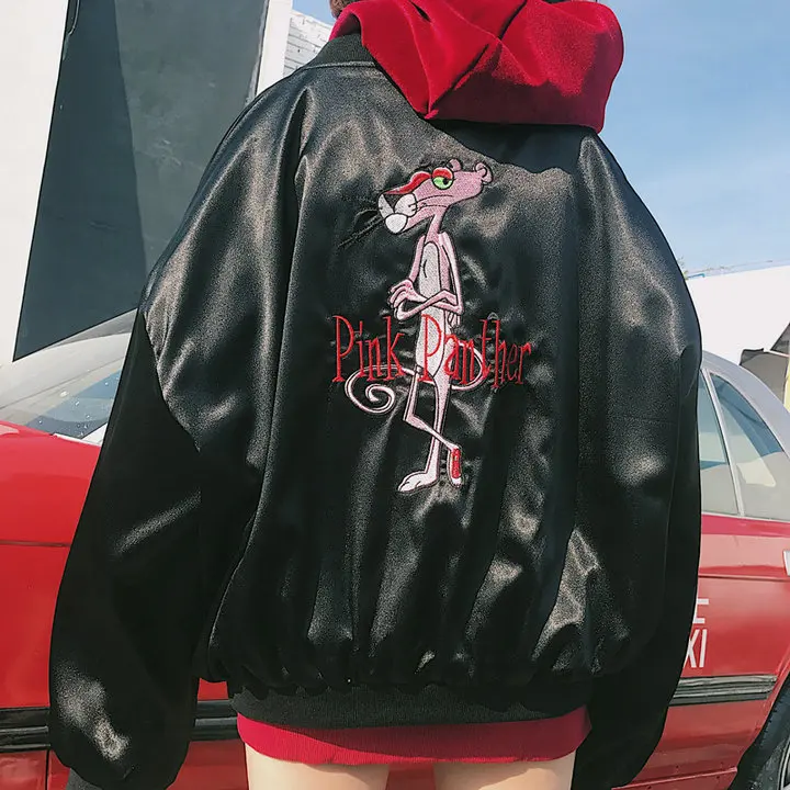 Весенние Новые корейские модные женские уличные куртки женские осенние Harajuku девушка розовая пантера мультфильм Вышивка атласная бейсбольная куртка