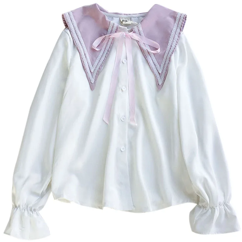 

2019 Spring New Lolita Style Japanese Academy Style Sailor Collar Bow Chiffon Shirt Teens Girls Top Long Sleeve Shirt