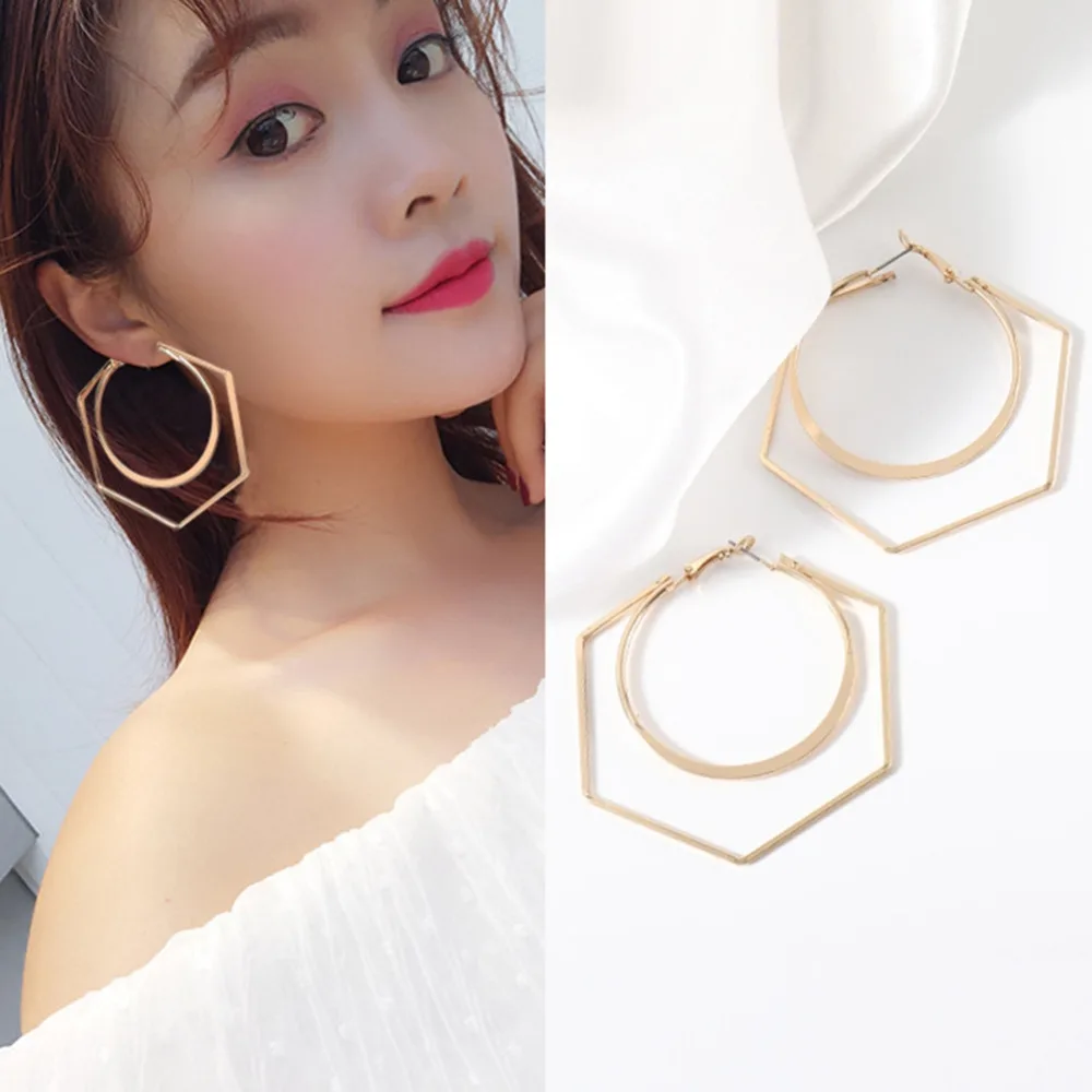Творческий Дизайн золото Геометрическая круг шестигранник серьги вырезать