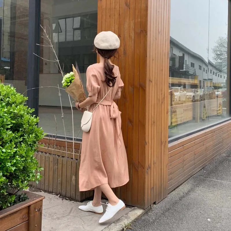 Fashion 2019 Summer New Solid Beach Long Dress Women Vintage Short Sleeve Empire A-Line Female Casual Mid Dresses | Женская одежда