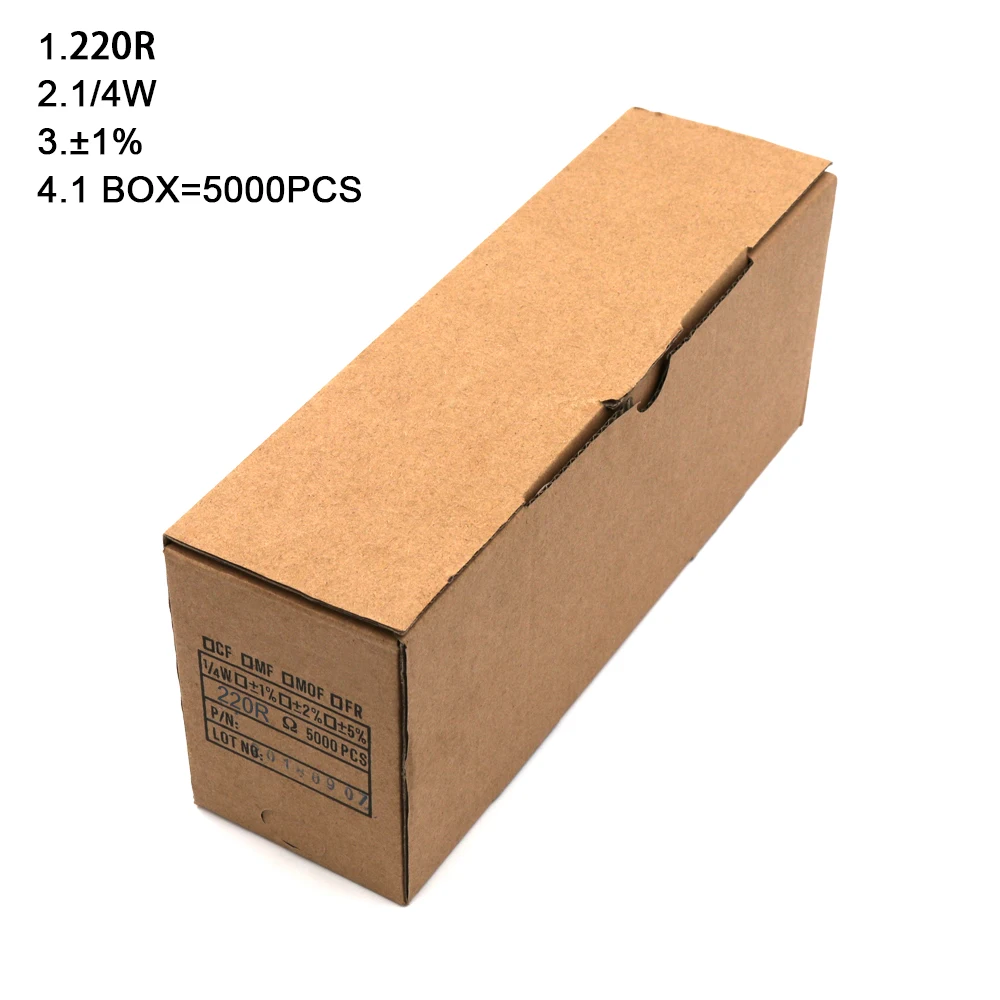 220R 5000 шт./кор. 1/4W металлический пленочный резистор 1R~ 1 м 100R 220R 330R 1 K, 2K 3,3 K 10K 5,1 K 100K ohm - Цвет: 220R