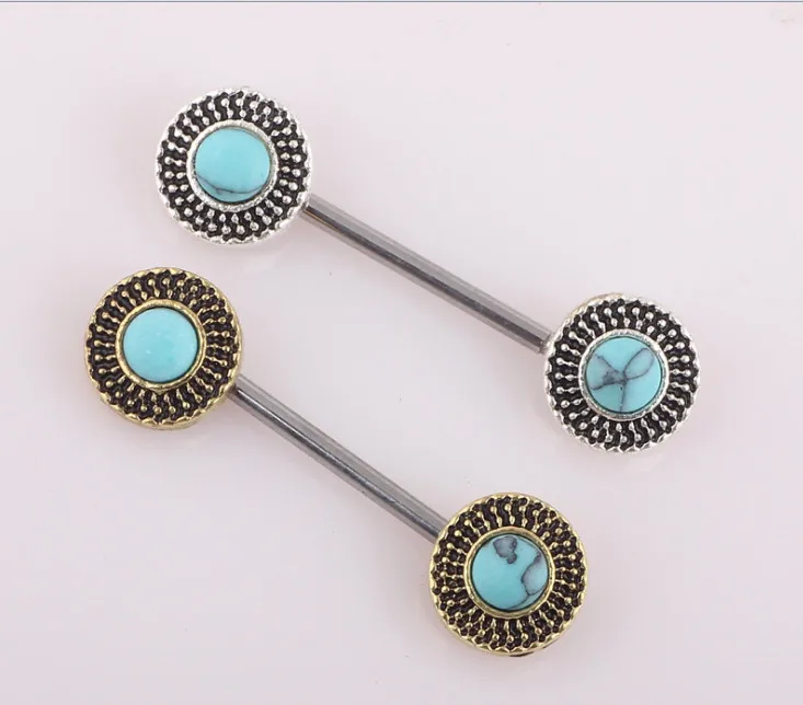 BN52005 10PCS Free Shipping women vintage industrial barbell multi functions blue stone cameo round disc nipple rings | Украшения и