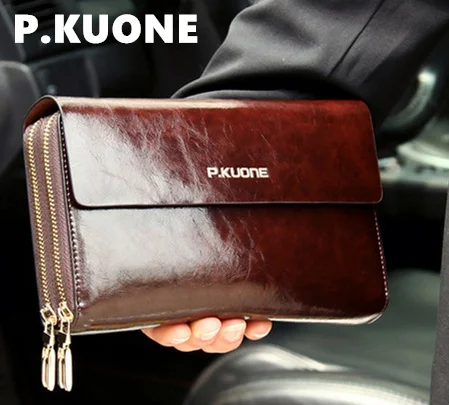 P.KUONE men's clutch wallet Luxury Shining Oil Wax Cowhide Men Clutch Bag man Long Genuine Leather wallets male coin purse bags