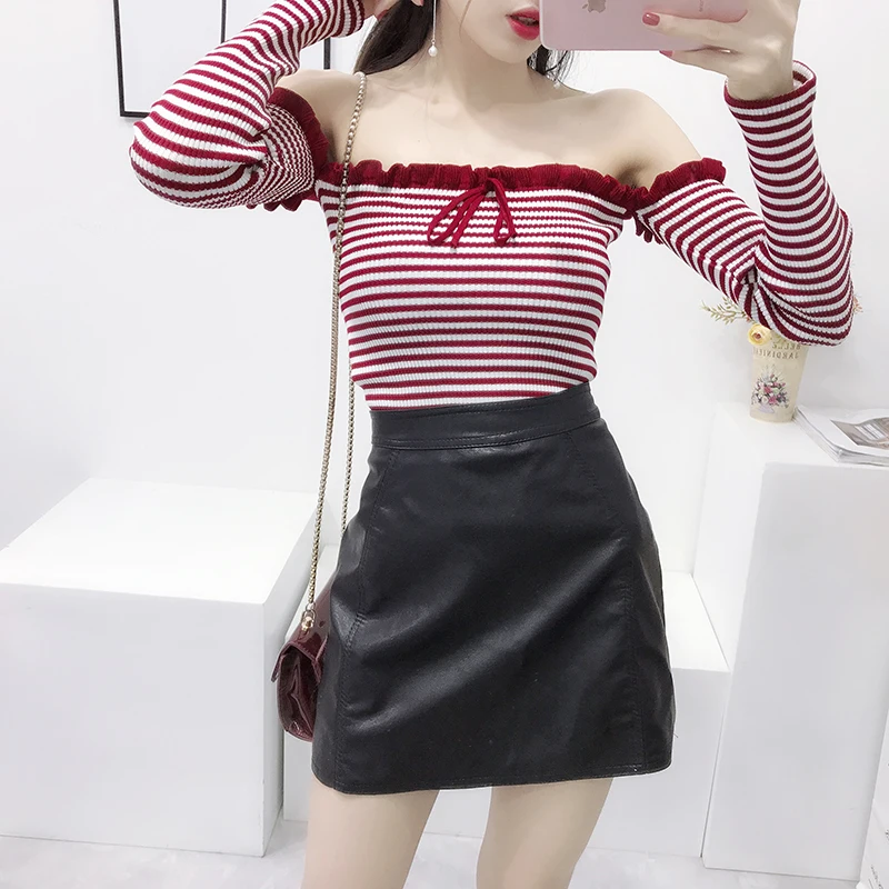 ALPHALMODA Pullovers Off-shoulder Sexy Striped Sweater Long-sleeved Slim Fit Ladies All-match Spring Casual Crop Jumper | Женская одежда