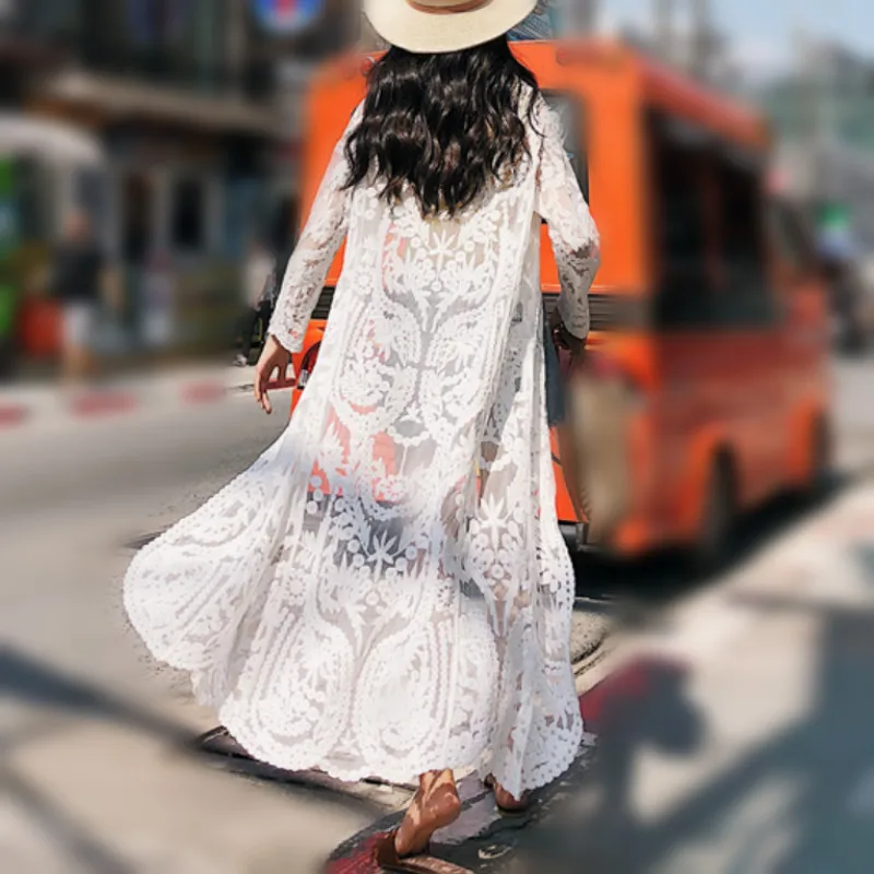 Лето Bohe Длинные рукава Макси кружева кимоно для женщин макси Bohe кружева пляжные кимоно плюс длинная сетчатая кимоно Макси кружевная сетчатая блузка