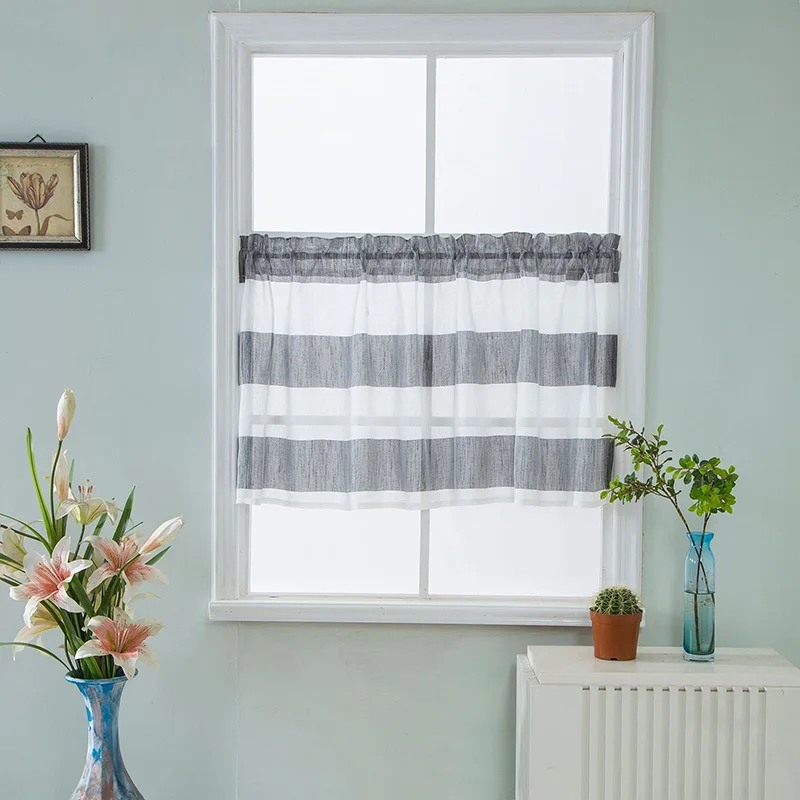 Тюлевые шторы в синюю полоску для кухни Короткие Занавески гостиной серая вуаль