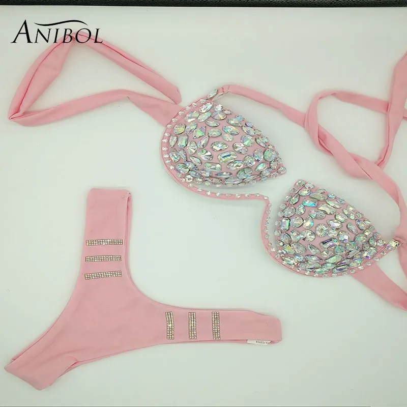 F102pink Anibol, бикини, пуш-ап, стразы,, роскошный, кристалл, женский купальник, сексуальный, бразильский, бикини, набор, шикарный, с бриллиантами, купальник - Цвет: F102pink