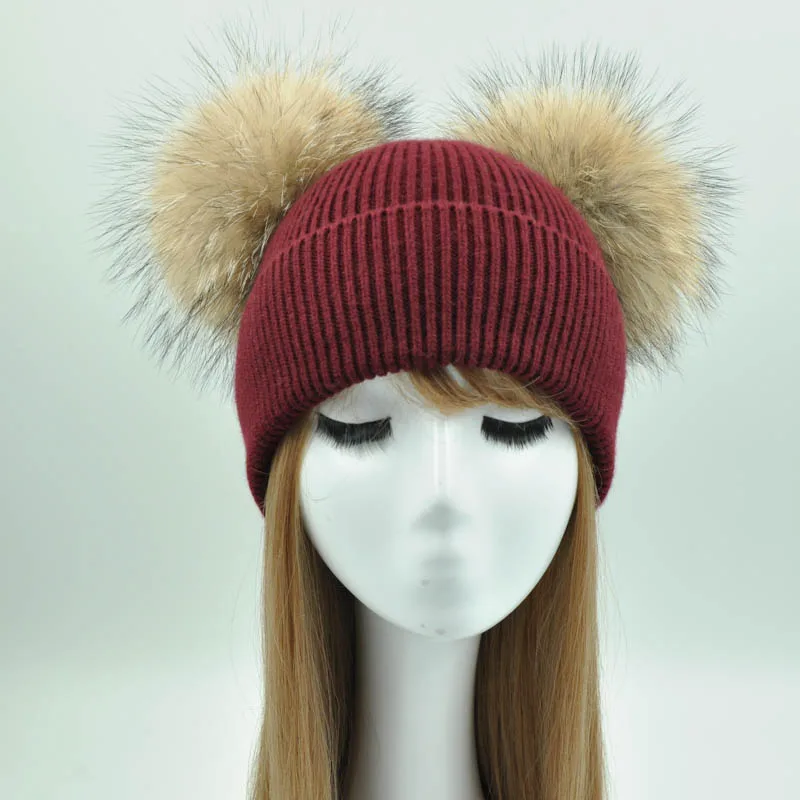 Wine red natural fur Двойной помпон натуральный мех шапка Для женщин зима Кепки вязаная шерстяная шапка кашемир Кепки повязку для девочек женские осенние два Pom pom Beanie Hat - Цвет: Wine red natural fur