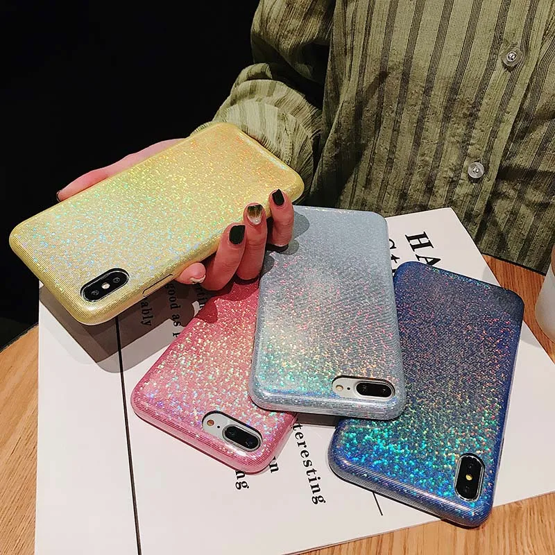 Блестящий чехол для телефона с лазерным блеском iPhone X XR XS Max цветные полуобернутые