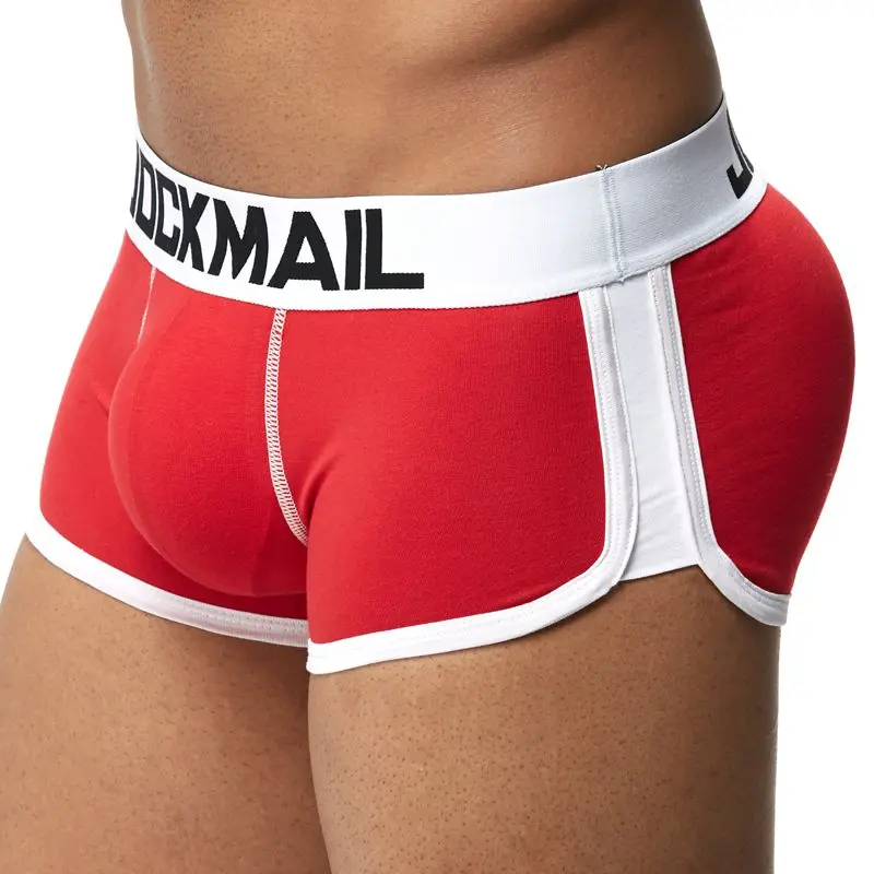 Красный JOCKMAIL мягкое Мужское нижнее белье Боксеры Трусы с сексуальным геем Пенис мешочек усиление выпуклости спереди+ сзади двойной Съемный бюстгальтер пуш-ап - Цвет: Красный
