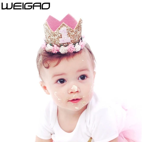 WEIGAO, 1 шт., 1, 2, 3, шапка на день рождения, цветочная корона, шапка для первого дня рождения, повязка на голову для новорожденного, 1 год, украшения для дня рождения