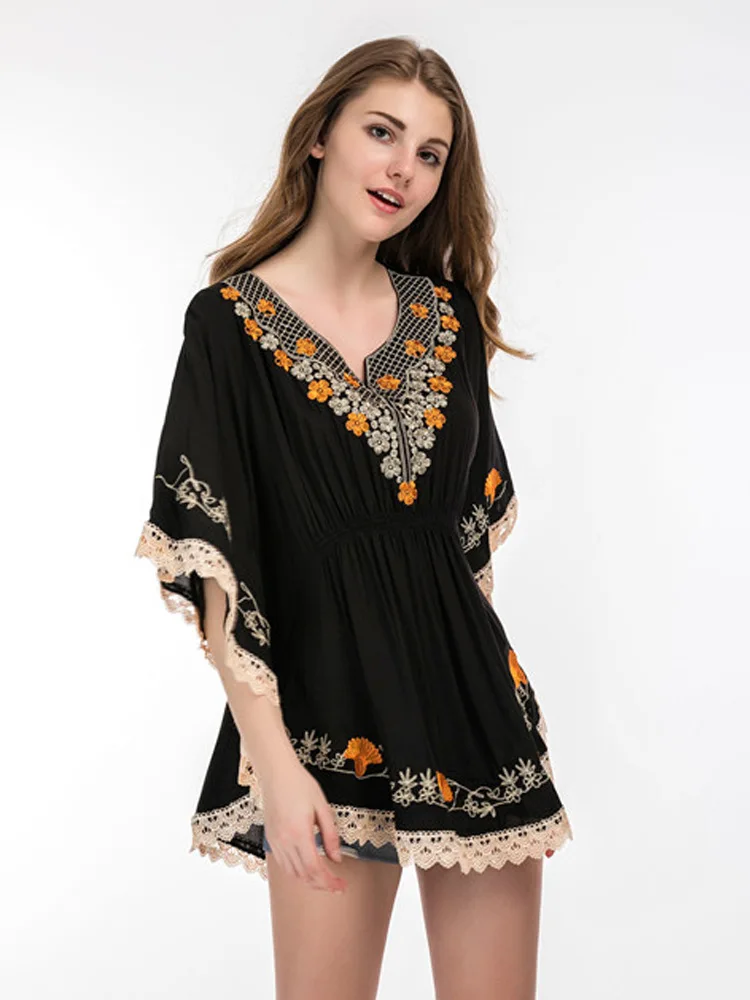 Плюс Размер Дамы Блузка Новые летние вышивка Batwing Топы свободные для отдыха