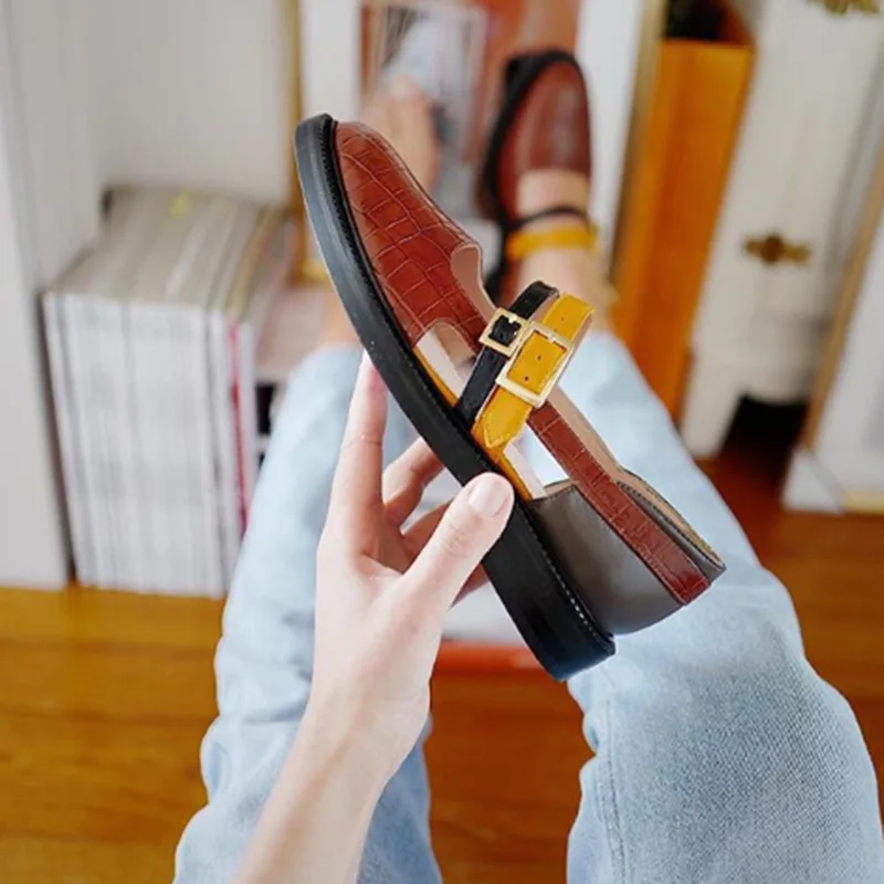 Pu leather shoes women summer low heels mix color sandals vintage buckle strap casual ladies pumps big size zapatos de mujer | Обувь