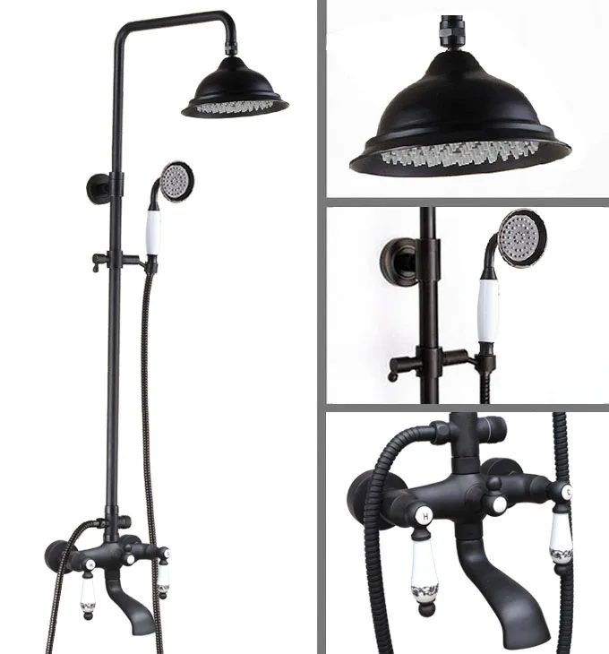 

Black Oil Rubbed Brass Dual Ceramic Handles Bathroom 8 Inch Round Rain Shower Faucet Set Bath Tub Mixer Tap Hand Shower mhg124