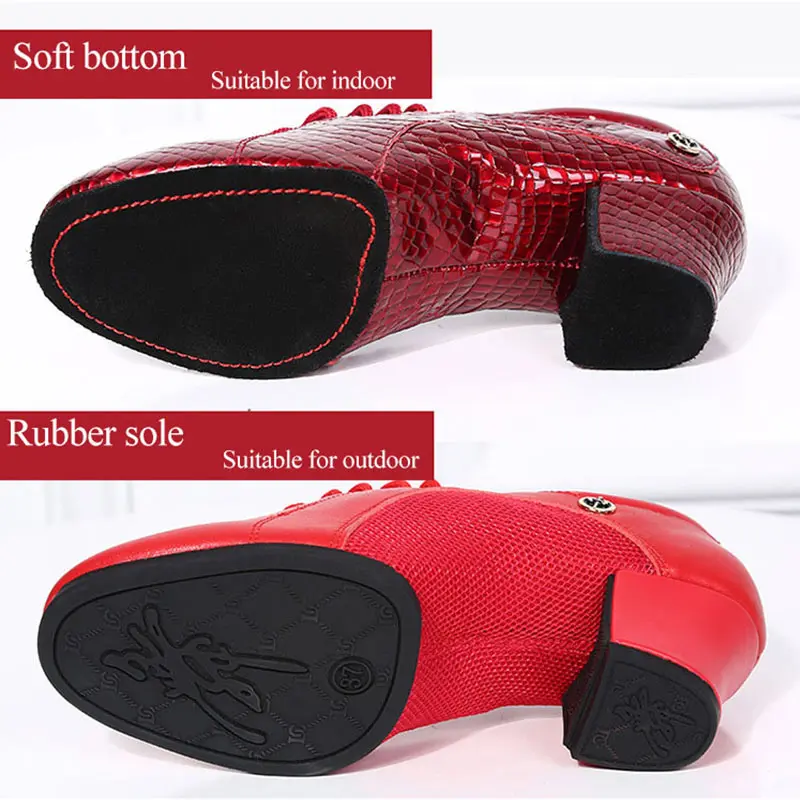 Genuine Leather Woman Latin Dance Shoes Tango Salsa Shoes Ballroom Soft Sole Heel 5cm Red Black Ladies Practice Dancing Sneakers