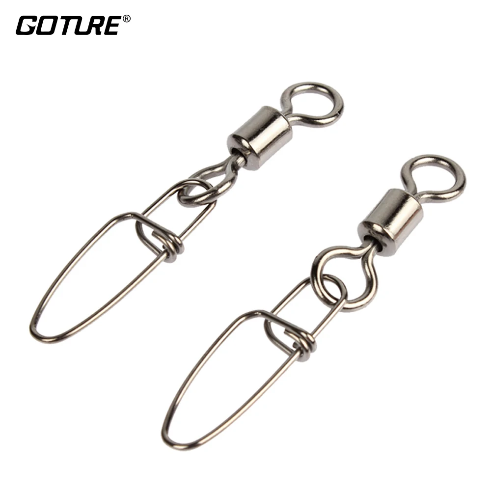 

Goture 200pcs/lot Rolling Fishing Swivel With Insurance Snap Pin 12# 6# 4# 2# 4/0# Fishing Accessories Hook Lure Connector