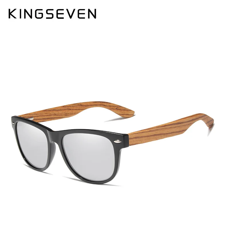 silver Zebra wood KINGSEVEN, модные деревянные поляризационные Квадратные Солнцезащитные очки для мужчин и женщин, зеркальные линзы, защита от уф400 лучей, очки для вождения - Цвет линз: silver Zebra wood