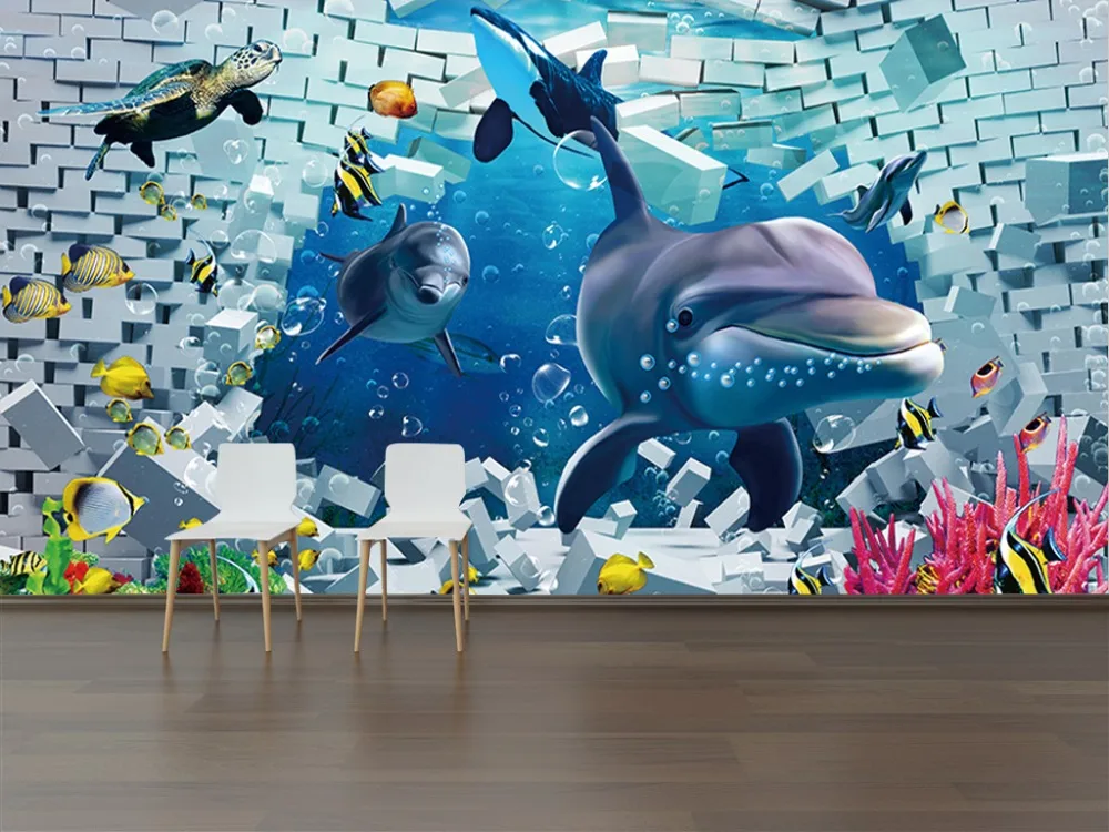 

[Самоклеющиеся] 3D Дельфин черепаха белый кирпич морское дно 8 настенная бумага настенная печать настенные наклейки