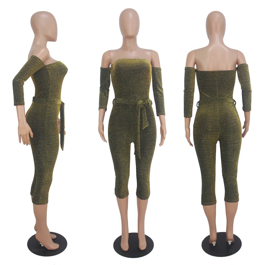 2019 new hot selling Sexy word collar gold and silver silk jumpsuit Skinny Solid suit for lady | Женская одежда