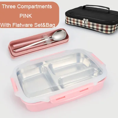 Pink 3 Flatware Bag GLANYOMI 304 Ланч-бокс из нержавеющей стали с отделениями, бэнто-бокс для детей, школьников, пикников, контейнер для еды - Цвет: Pink 3 Flatware Bag