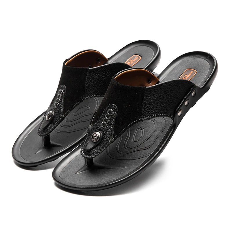 LINGGE New Arrival Brand Men's Flap Flops Genuine Leather Men Slippers Summer Beach Walking Rivet Shoes Size 38-44 | Обувь
