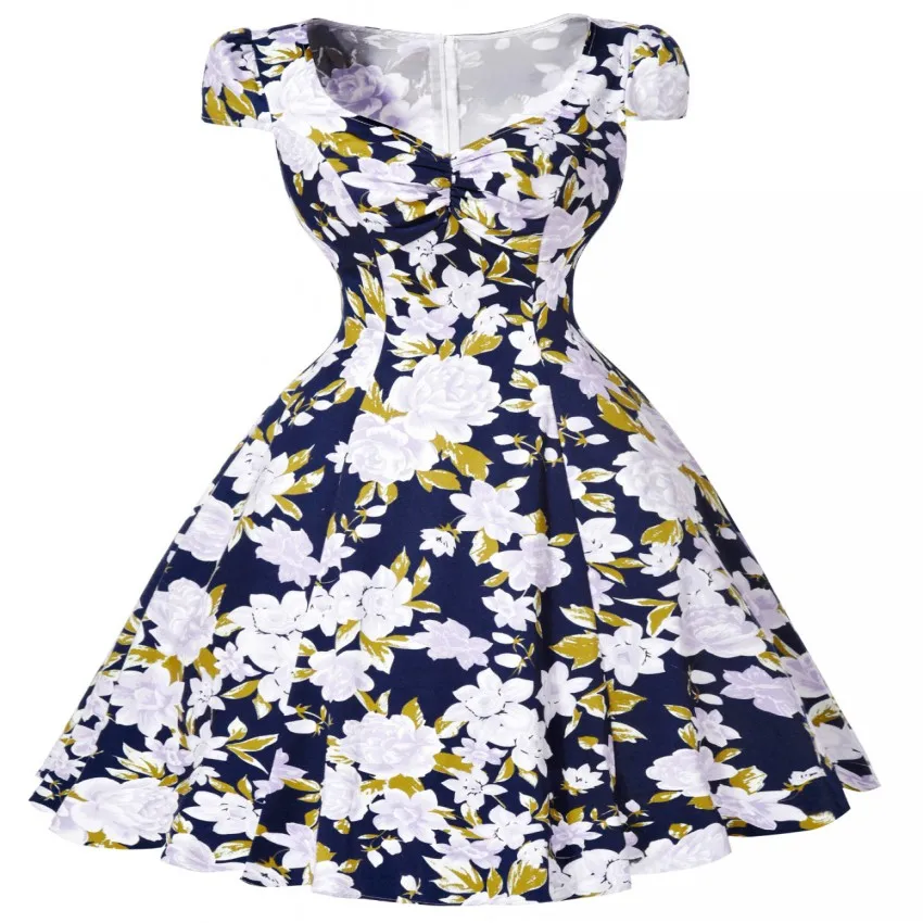 Винтаж Платье Лето 50 s 60 Платья Цветочный Узор Robe Femme Ретро Хлопка С Коротким