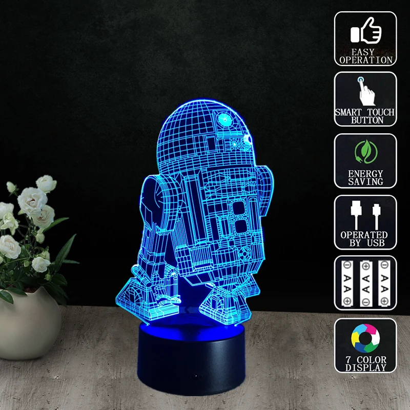 Новинка 3d ночник Светодиодная прикроватная лампа настольная Lampe Cool Star Wars R2 d2 Robot